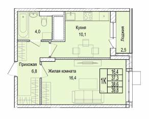 ЖК «Отрадный», планировка 1-комнатной квартиры, 38.70 м²