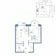 ЖК «Страна.Заречная», планировка 2-комнатной квартиры, 37.90 м²