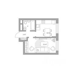 МЖК «Живописный», планировка 1-комнатной квартиры, 33.47 м²