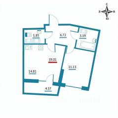 ЖК «Левитан», планировка 1-комнатной квартиры, 39.01 м²