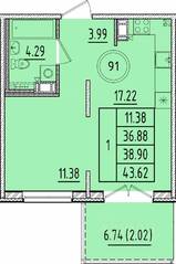 МЖК «Образцовый квартал 17», планировка 1-комнатной квартиры, 36.88 м²