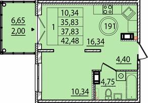 МЖК «Образцовый квартал 15», планировка 1-комнатной квартиры, 35.83 м²