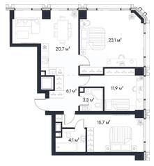 ЖК «1-й Нагатинский», планировка 3-комнатной квартиры, 84.90 м²