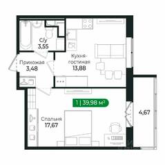 ЖК «Sertolovo Park», планировка 1-комнатной квартиры, 39.98 м²