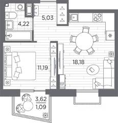 ЖК «Respect», планировка 1-комнатной квартиры, 39.71 м²