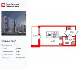 ЖК «Бионика Заповедная», планировка студии, 24.60 м²