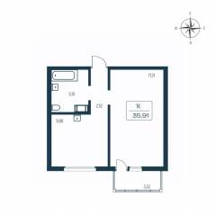 ЖК «Расцветай в Янино», планировка 1-комнатной квартиры, 35.60 м²