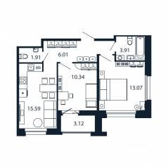 ЖК «Полис Новоселье», планировка 2-комнатной квартиры, 52.39 м²