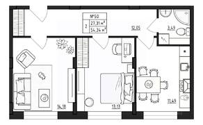МЖК «Верево-Сити», планировка 2-комнатной квартиры, 54.33 м²