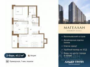 ЖК «Магеллан», планировка 2-комнатной квартиры, 63.20 м²