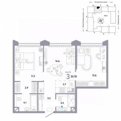 ЖК «Страна.Озерная», планировка 3-комнатной квартиры, 55.70 м²