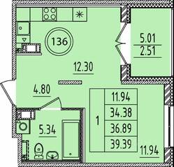 МЖК «Образцовый квартал 14», планировка 1-комнатной квартиры, 34.38 м²