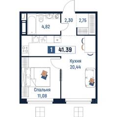 ЖК «Максималист», планировка 1-комнатной квартиры, 41.39 м²