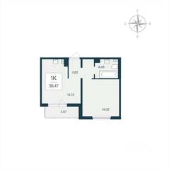 ЖК «Расцветай в Янино», планировка 1-комнатной квартиры, 39.47 м²