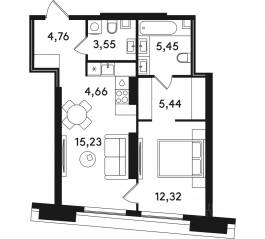 ЖК «Solos», планировка 1-комнатной квартиры, 51.41 м²