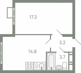 ЖК «Ново-Молоково», планировка 1-комнатной квартиры, 38.30 м²