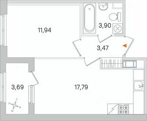 МЖК «Дубровский», планировка 1-комнатной квартиры, 38.95 м²