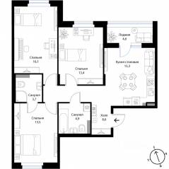МЖК «Экография», планировка 3-комнатной квартиры, 77.80 м²