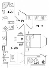 ЖК «БелАрт», планировка 1-комнатной квартиры, 35.44 м²