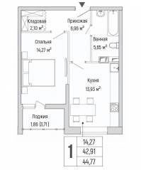 ЖК «Riga Hills», планировка 1-комнатной квартиры, 44.77 м²