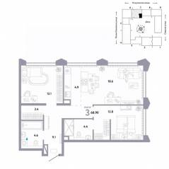 ЖК «Страна.Озерная», планировка 3-комнатной квартиры, 68.90 м²