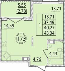 МЖК «Образцовый квартал 15», планировка 1-комнатной квартиры, 37.49 м²