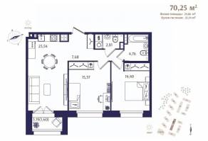 ЖК «Ranta Residence», планировка 2-комнатной квартиры, 70.25 м²