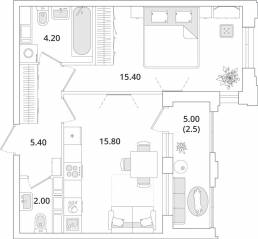 ЖК «Тайм Сквер», планировка 1-комнатной квартиры, 45.20 м²