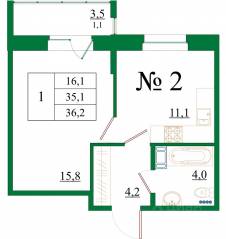ЖК «Орловский бульвар», планировка 1-комнатной квартиры, 36.20 м²