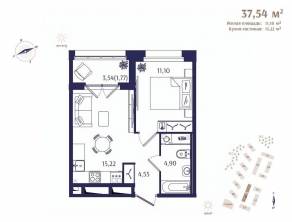 ЖК «Ranta Residence», планировка 1-комнатной квартиры, 37.54 м²