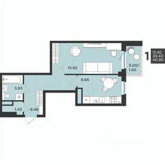 МЖК «Новокасимово», планировка 1-комнатной квартиры, 40.90 м²