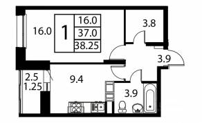 ЖК «Космос», планировка 1-комнатной квартиры, 38.25 м²