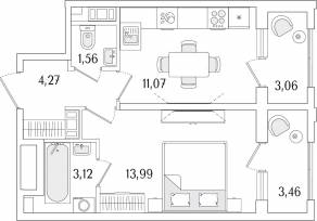 ЖК «Гранат», планировка 1-комнатной квартиры, 37.27 м²