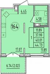 МЖК «Образцовый квартал 17», планировка 1-комнатной квартиры, 37.99 м²