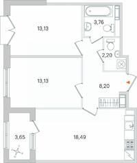 МЖК «Дубровский», планировка 2-комнатной квартиры, 60.74 м²