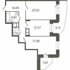 ЖК «Мессиер 18», планировка 2-комнатной квартиры, 74.79 м²