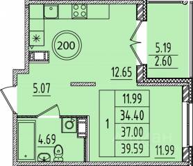 МЖК «Образцовый квартал 14», планировка 1-комнатной квартиры, 34.40 м²