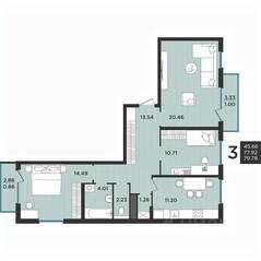 МЖК «Новокасимово», планировка 3-комнатной квартиры, 78.30 м²