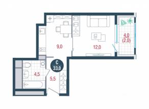 ЖК «Русич Кантемировский», планировка студии, 33.00 м²