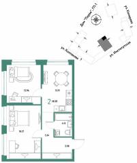 ЖК «Страна.Парковая», планировка 2-комнатной квартиры, 58.58 м²