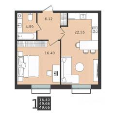 ЖК «Мишино-2», планировка 1-комнатной квартиры, 49.66 м²