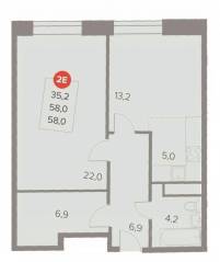 ЖК «Отлично», планировка 2-комнатной квартиры, 58.00 м²