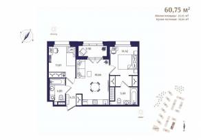 ЖК «Ranta Residence», планировка 2-комнатной квартиры, 60.75 м²