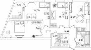 ЖК «Лайнеръ», планировка 3-комнатной квартиры, 79.58 м²