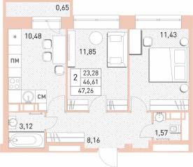 ЖК «Столичный», планировка 2-комнатной квартиры, 46.40 м²