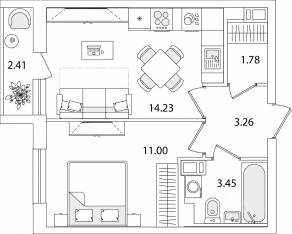 ЖК «Кинопарк», планировка 1-комнатной квартиры, 34.93 м²