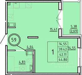 МЖК «Образцовый квартал 16», планировка 1-комнатной квартиры, 39.57 м²