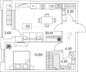 ЖК «Тайм Сквер», планировка 1-комнатной квартиры, 48.60 м²