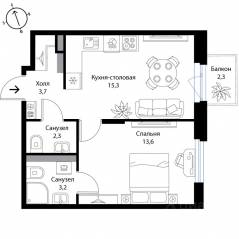 МЖК «Экография», планировка 1-комнатной квартиры, 38.80 м²