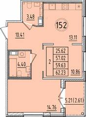 МЖК «Образцовый квартал 17», планировка 2-комнатной квартиры, 57.02 м²